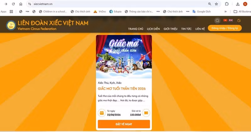 越南国家杂技联合会刚与VTC公司合作，通过 xiecvietnam.vn 网站部署了中央马戏院演出在线售票平台。