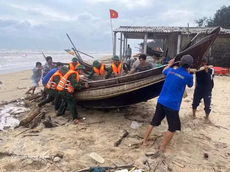 职能部门与渔民配合将船只靠岸避风。（图片来源：越通社）