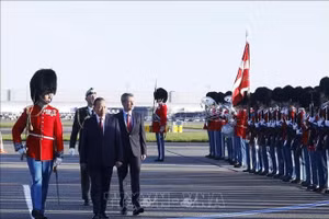 越共中央总书记、国家主席苏林与丹麦国王一同检阅仪仗队。（图片来源：越通社）