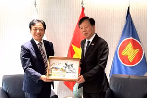 奉化郡领导向越南驻韩国大使武胡赠送了一块纪念牌匾，以表彰其对韩越山谷项目的贡献。图片由越南驻韩国大使馆提供