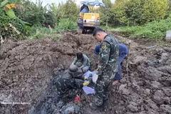 K91队在同塔省五协乡平和村一处榴莲园内搜寻并挖掘出多具烈士遗骸。（图片来源：越通社）