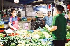 河内市同沙市场的个体经营者在摊位前接受越南盛旺股份商业银行职员指导，开设个体工商户账户。