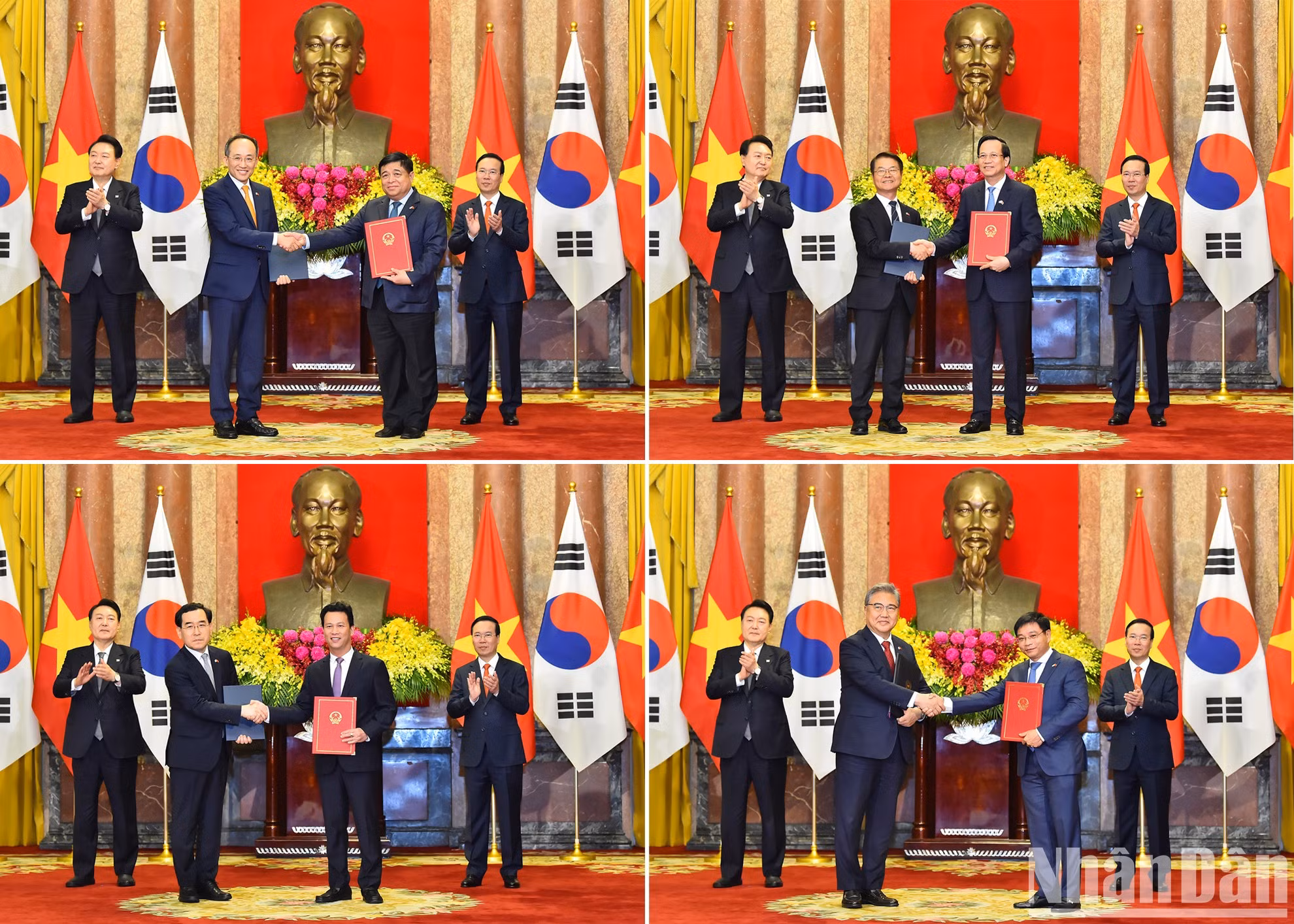 越南国家主席武文赏与韩国总统尹锡悦见证了两国在投资计划、劳动就业、环境资源、交通运输等领域的合作文件交换仪式。 越南国家主席武文赏与韩国总统尹锡悦见证了两国在投资计划、劳动就业、环境资源、交通运输等领域的合作文件交换仪式。