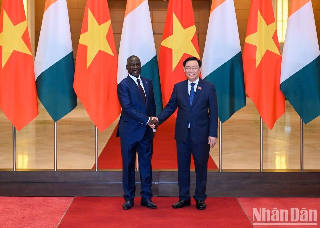 越南国会主席王廷惠与科特迪瓦国民议会议长阿达马·比克多戈在欢迎仪式上合影。