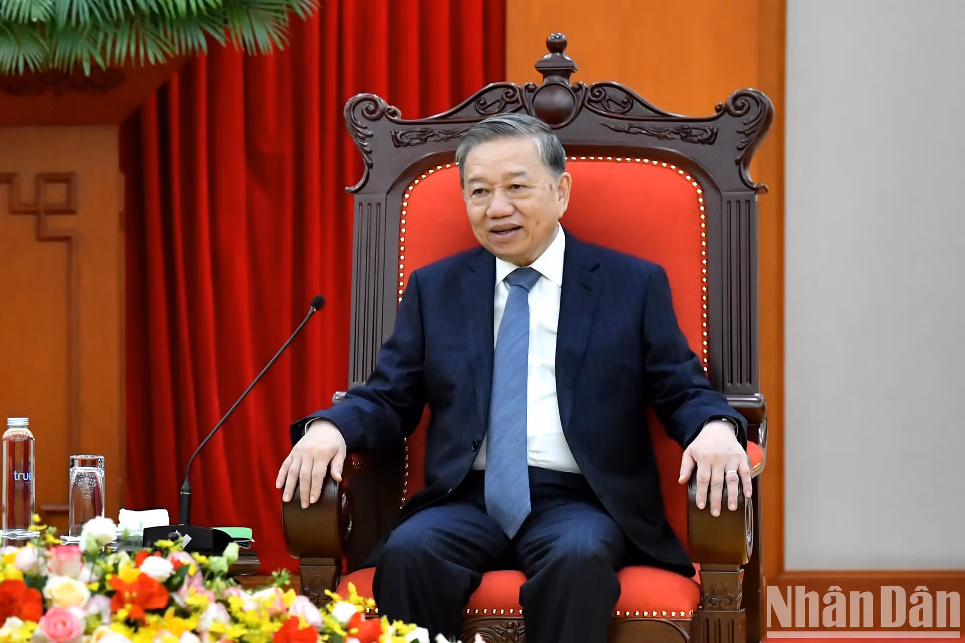 越共中央总书记苏林在会见欧盟驻越南代表团团长朱利安·古尔利时发表讲话。