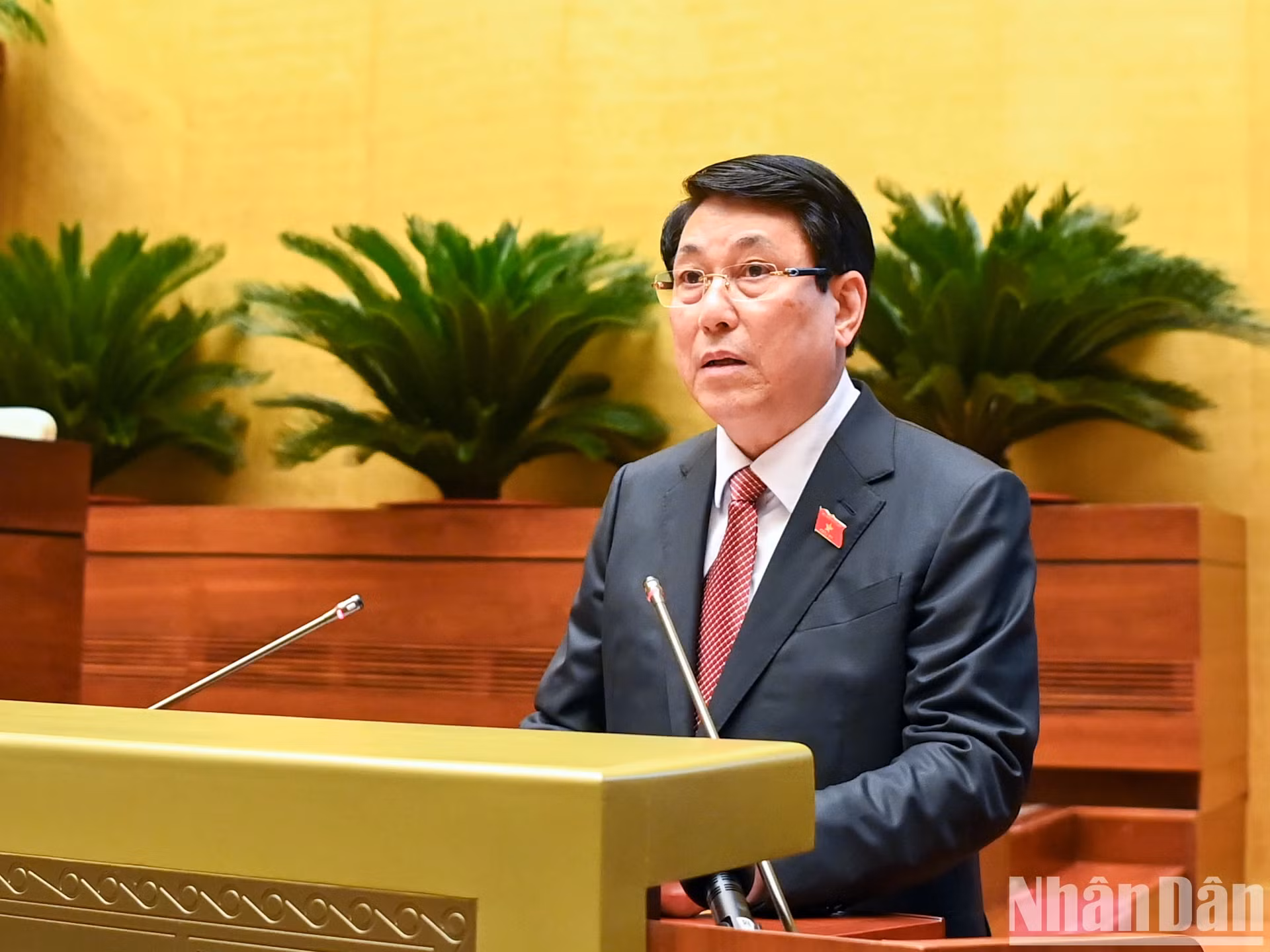 国家主席梁强就职后发表讲话。