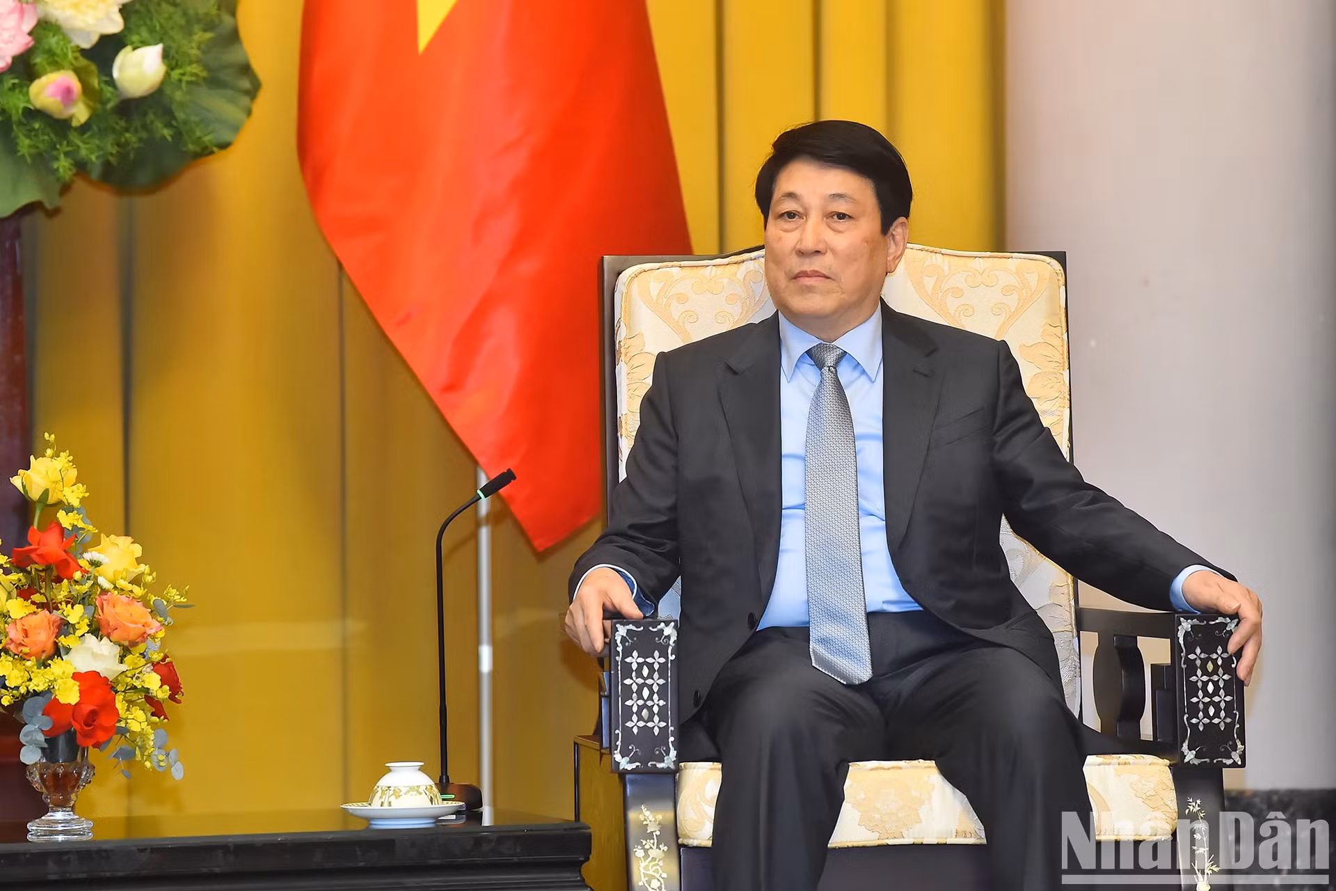 越南国家主席梁强在会见时发表讲话。
