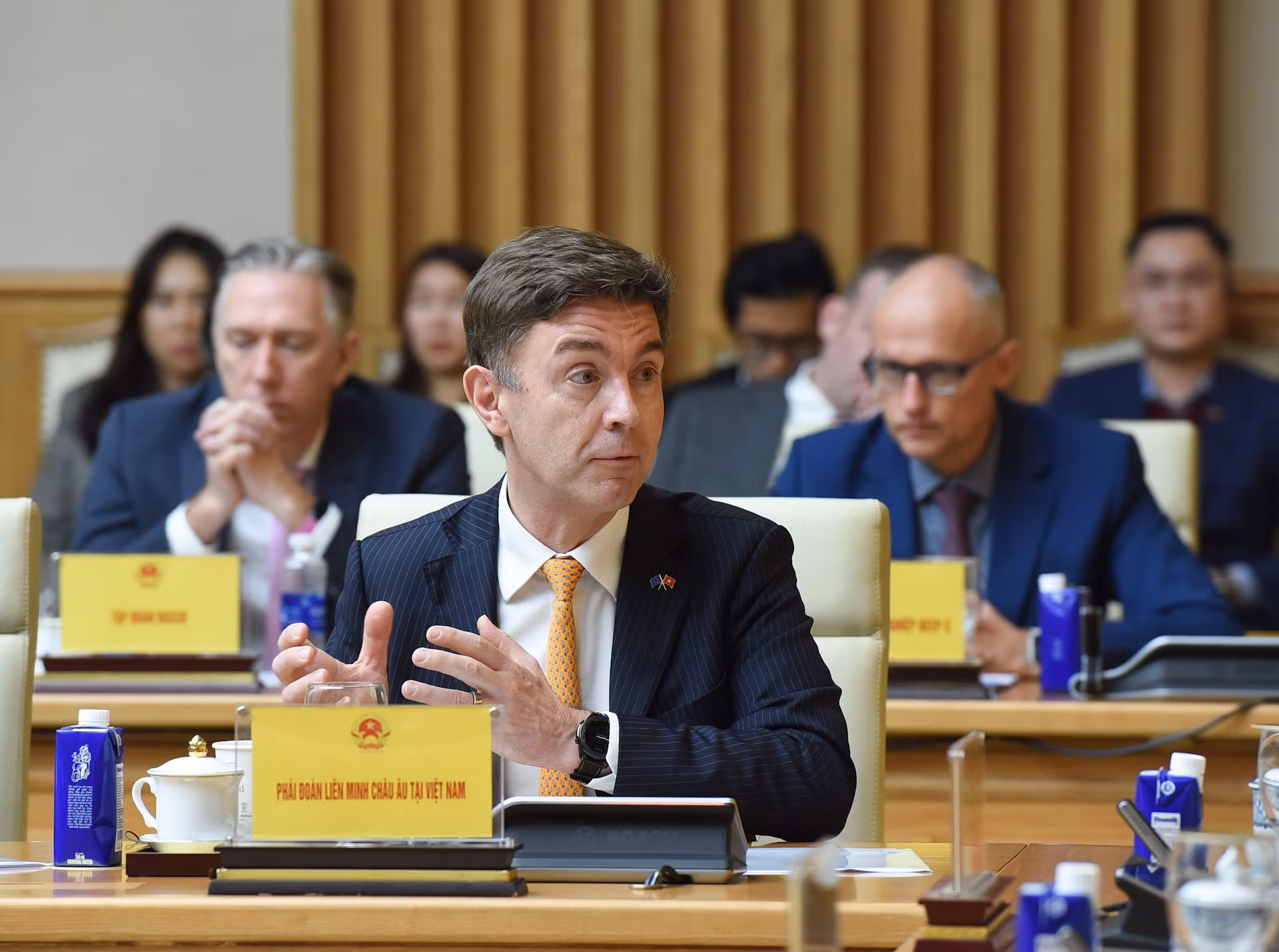 欧盟驻越南代表团代表在座谈会上发表讲话。