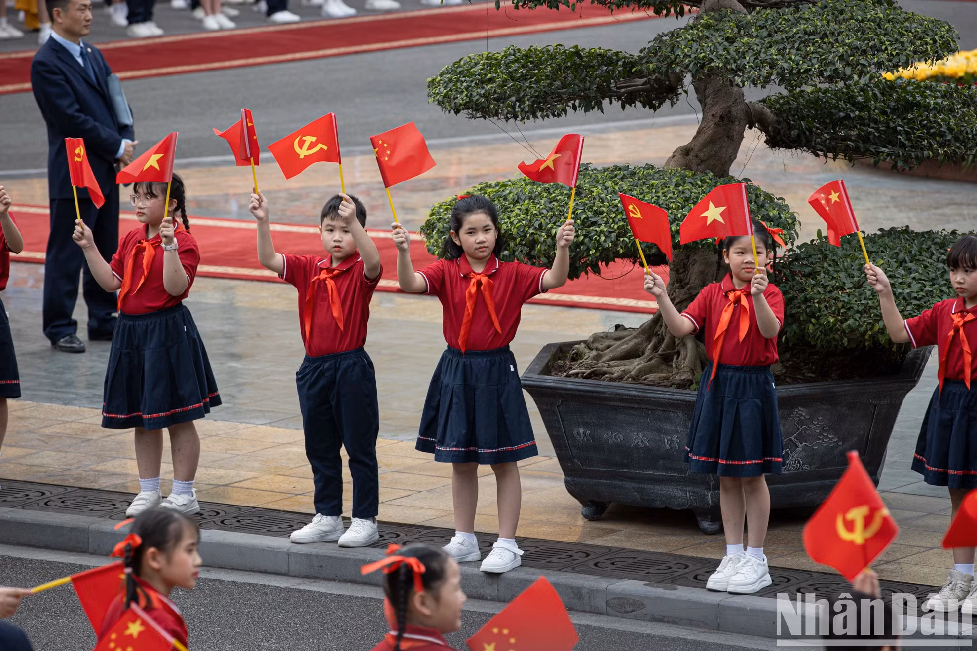 首都儿童手持旗帜，热烈欢迎中共中央总书记、中国国家主席习近平一行访越。