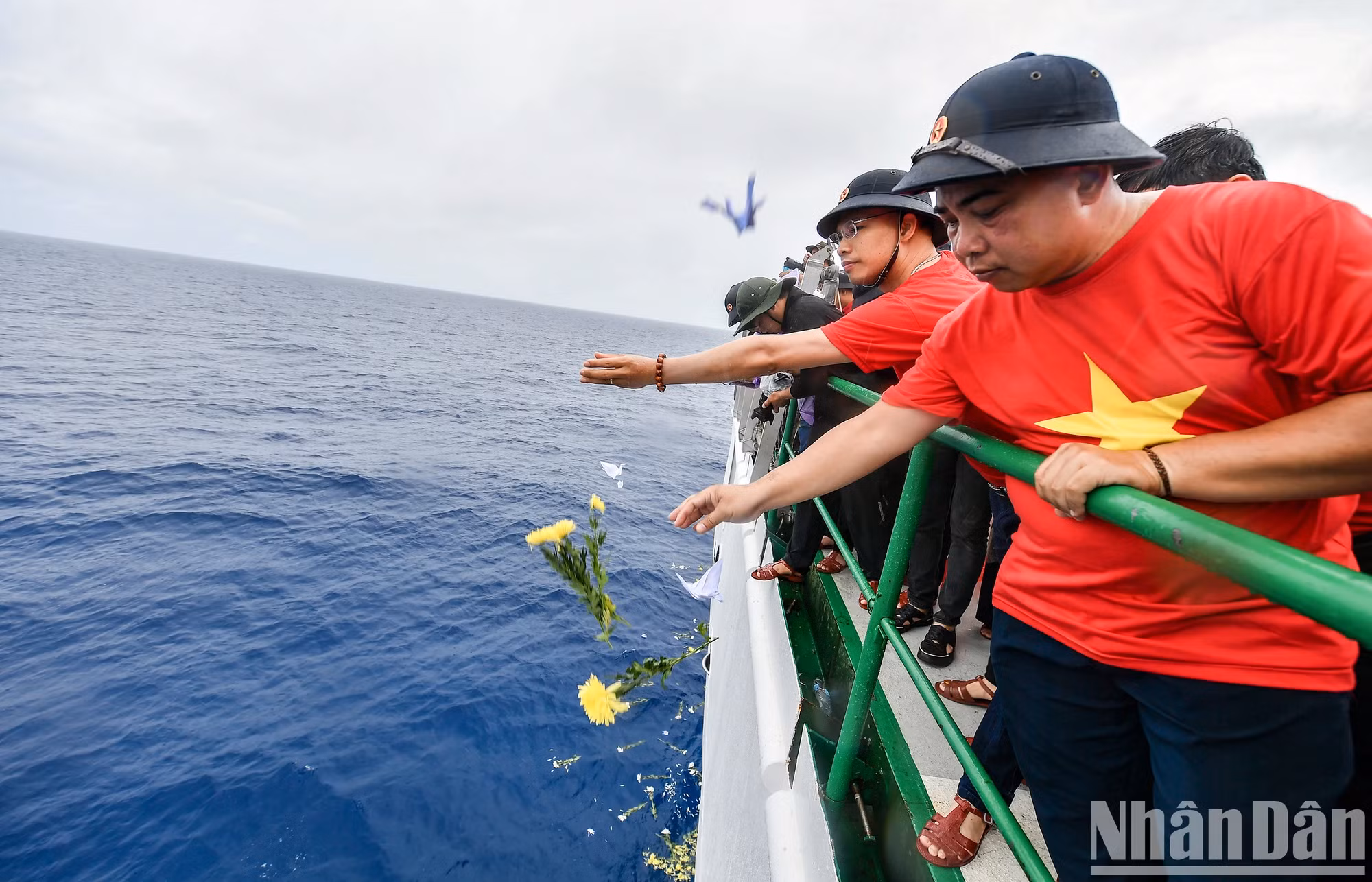 纸鹤和菊花被撒入长沙群岛海域,以缅怀各位永远长眠于大海、献出美好青春的英烈们。 纸鹤和菊花被撒入长沙群岛海域,以缅怀各位永远长眠于大海、献出美好青春的英烈们。