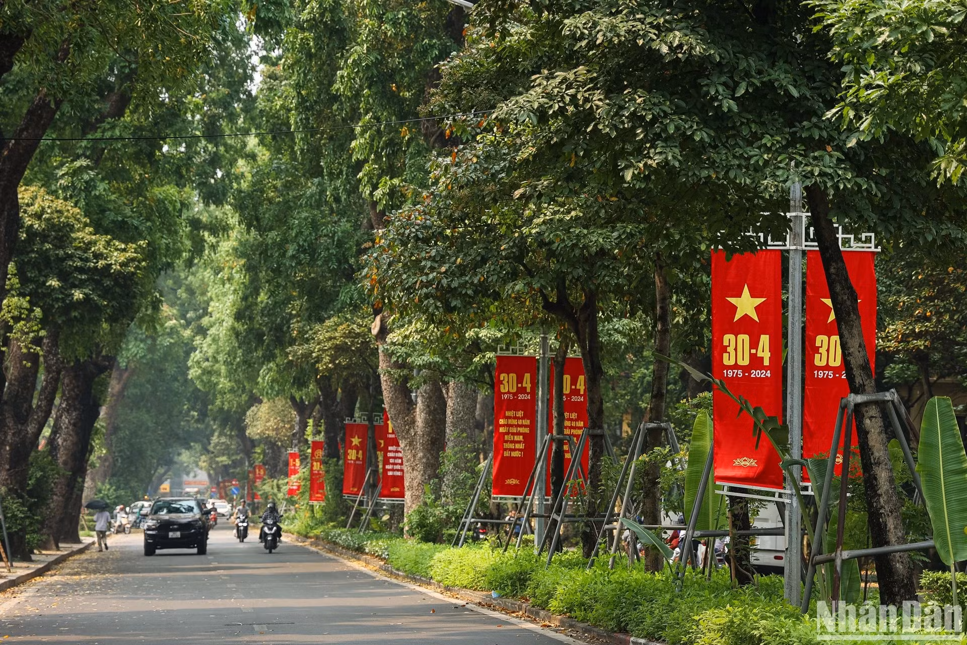 绿树成荫的黄耀街挂着红色的横幅和标语，庆祝南方解放和国家统一49周年。