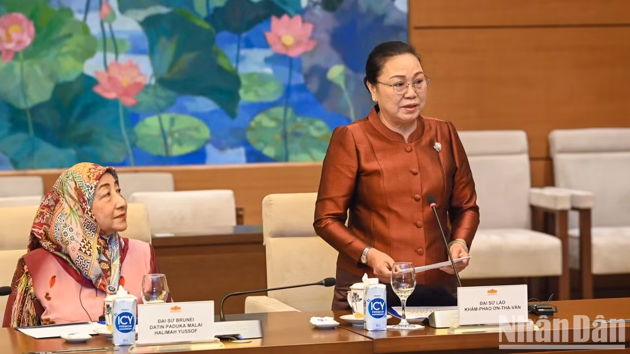 老挝驻越南大使坎葆·恩塔万在会见时发表讲话。