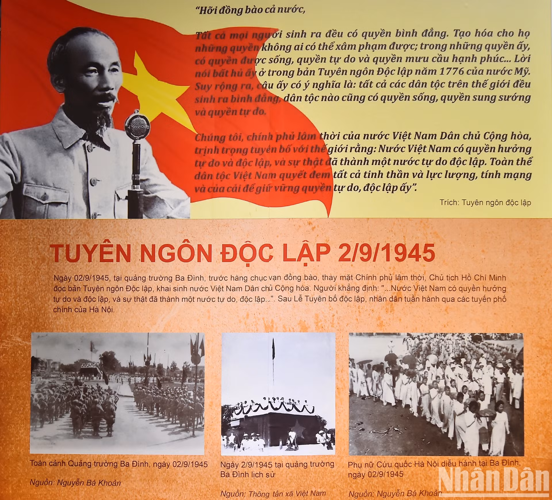 胡志明主席1945年9月2日在河内首都巴亭广场宣读《独立宣言》，宣告越南民主共和国诞生。