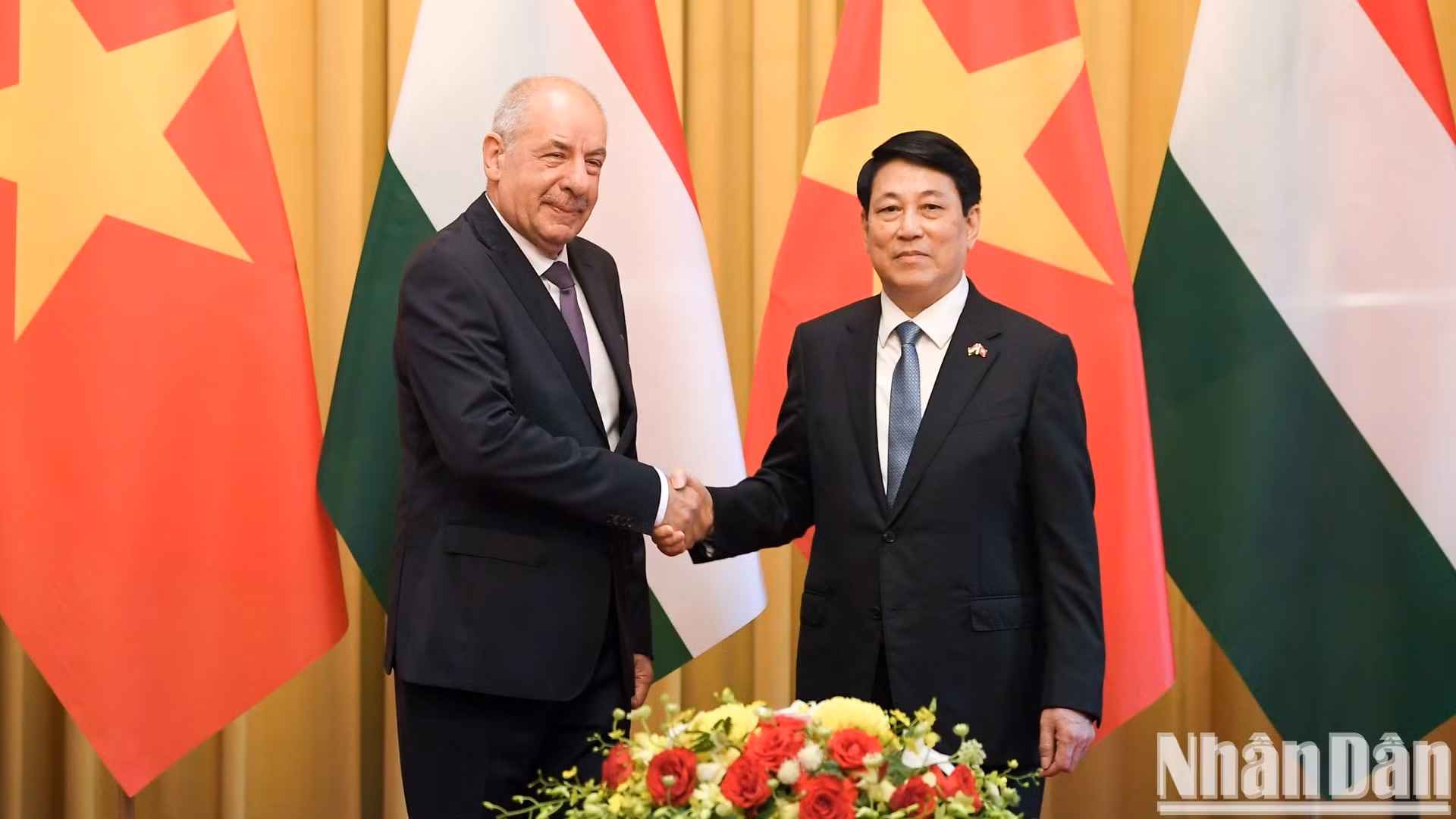 越南国家主席梁强与匈牙利总统舒尤克·道玛什合影。