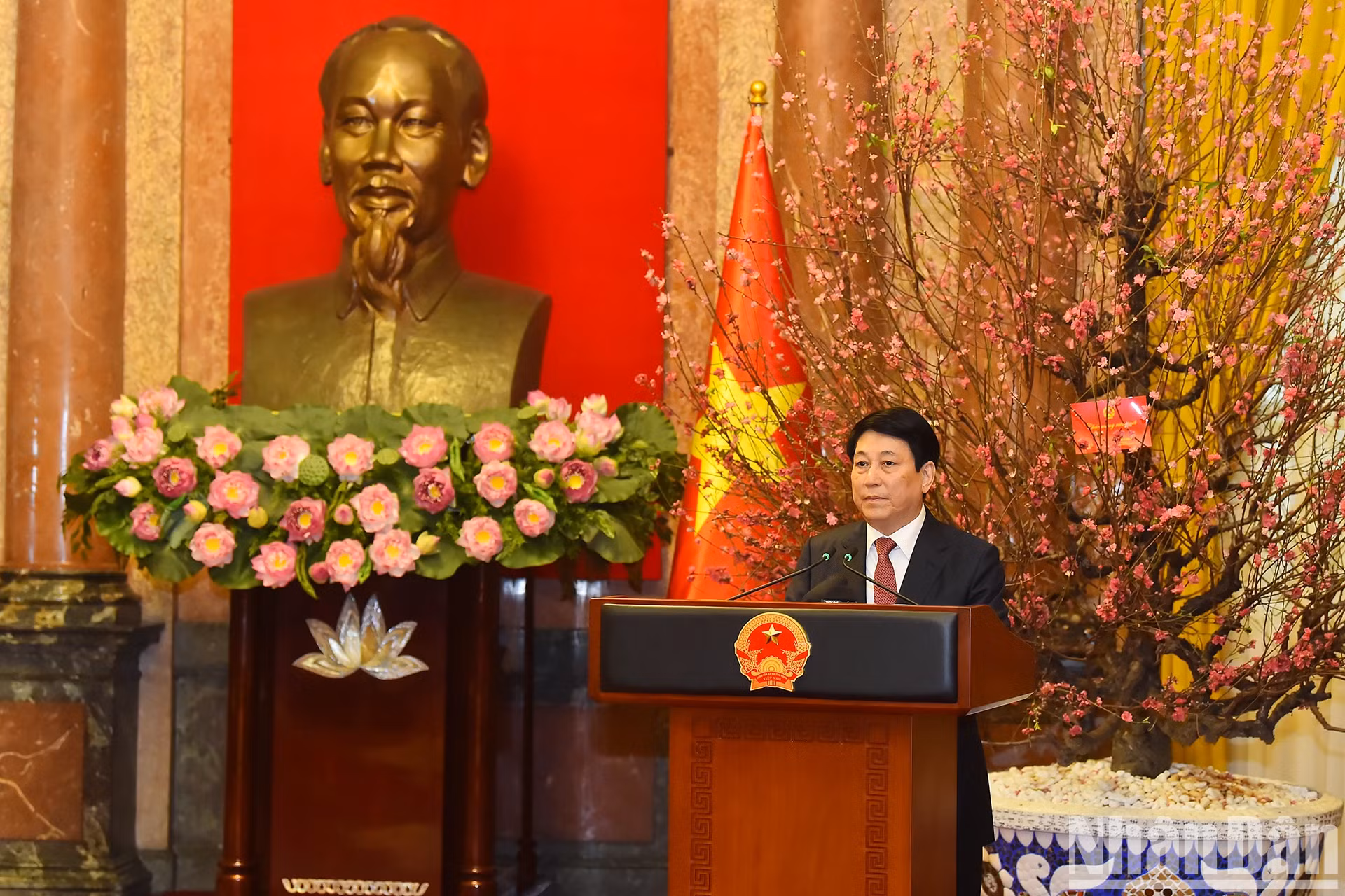 越南国家主席梁强发表讲话。