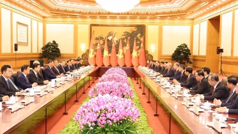 越共中央总书记、国家主席苏林与中共中央总书记、国家主席习近平举行会谈。（图片来源：越通社）