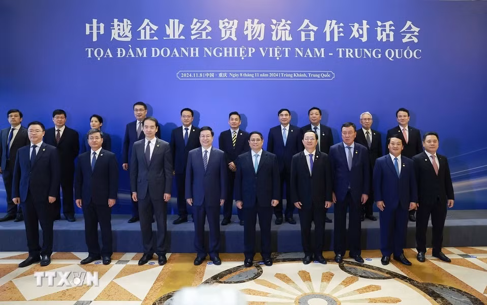 越南政府总理范明正与两国代表合影。