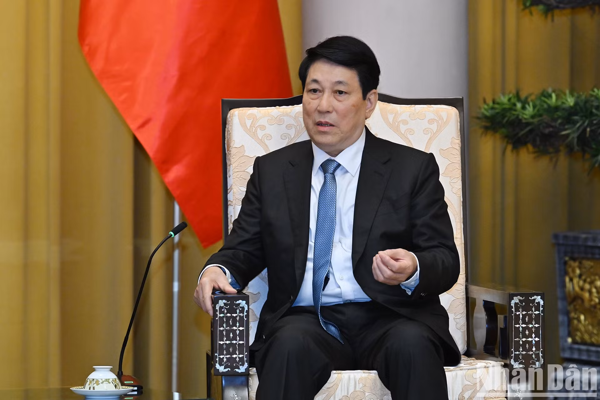 越南国家主席梁强在会见中发言。