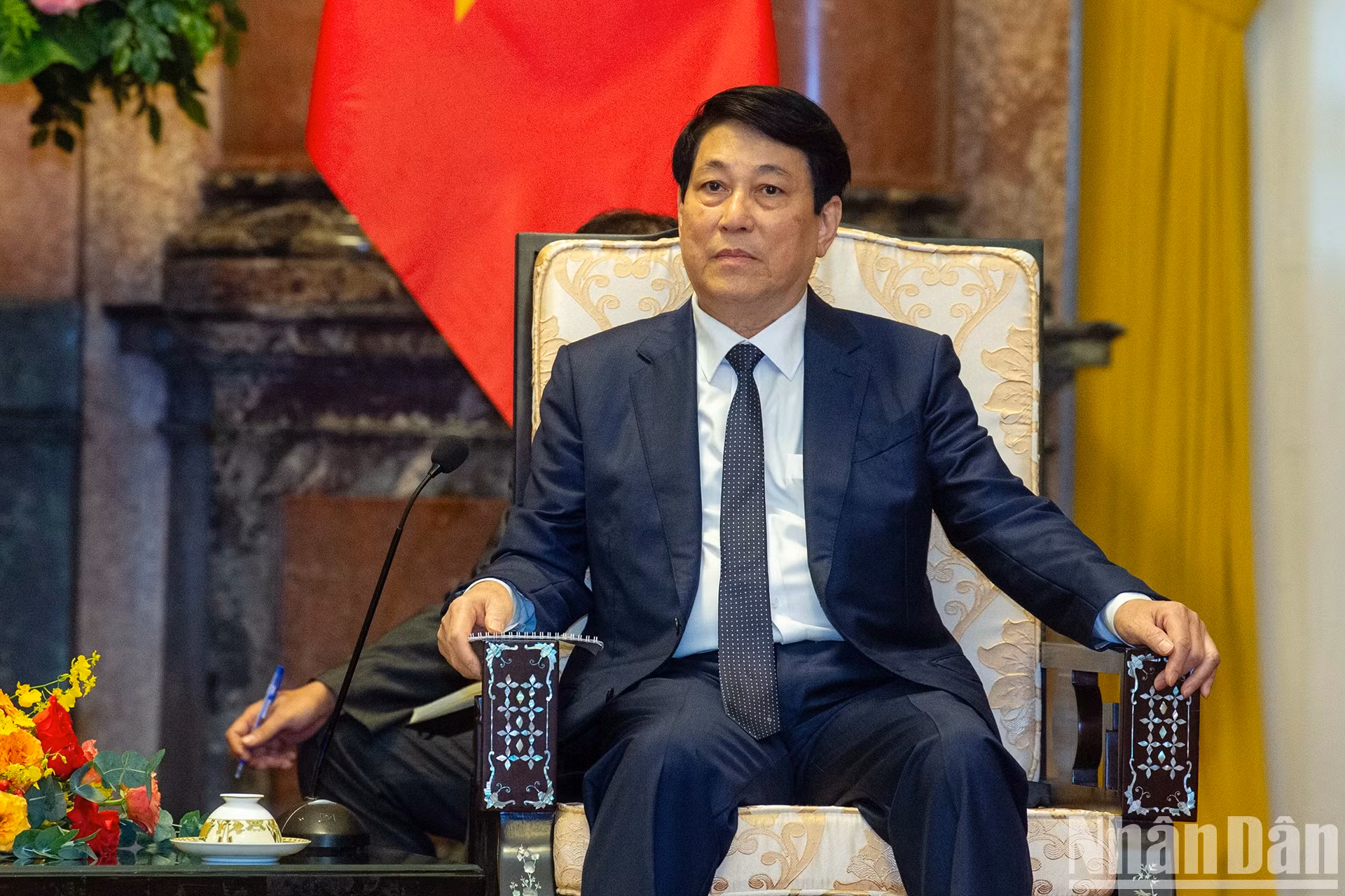 越南国家主席梁强在会见中发表讲话。