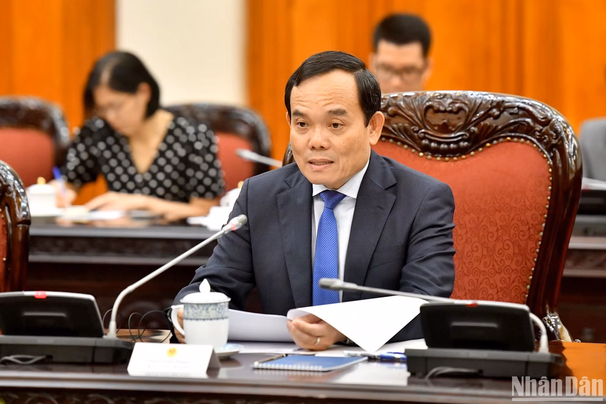 越南政府副总理陈流光在会谈中发表讲话。