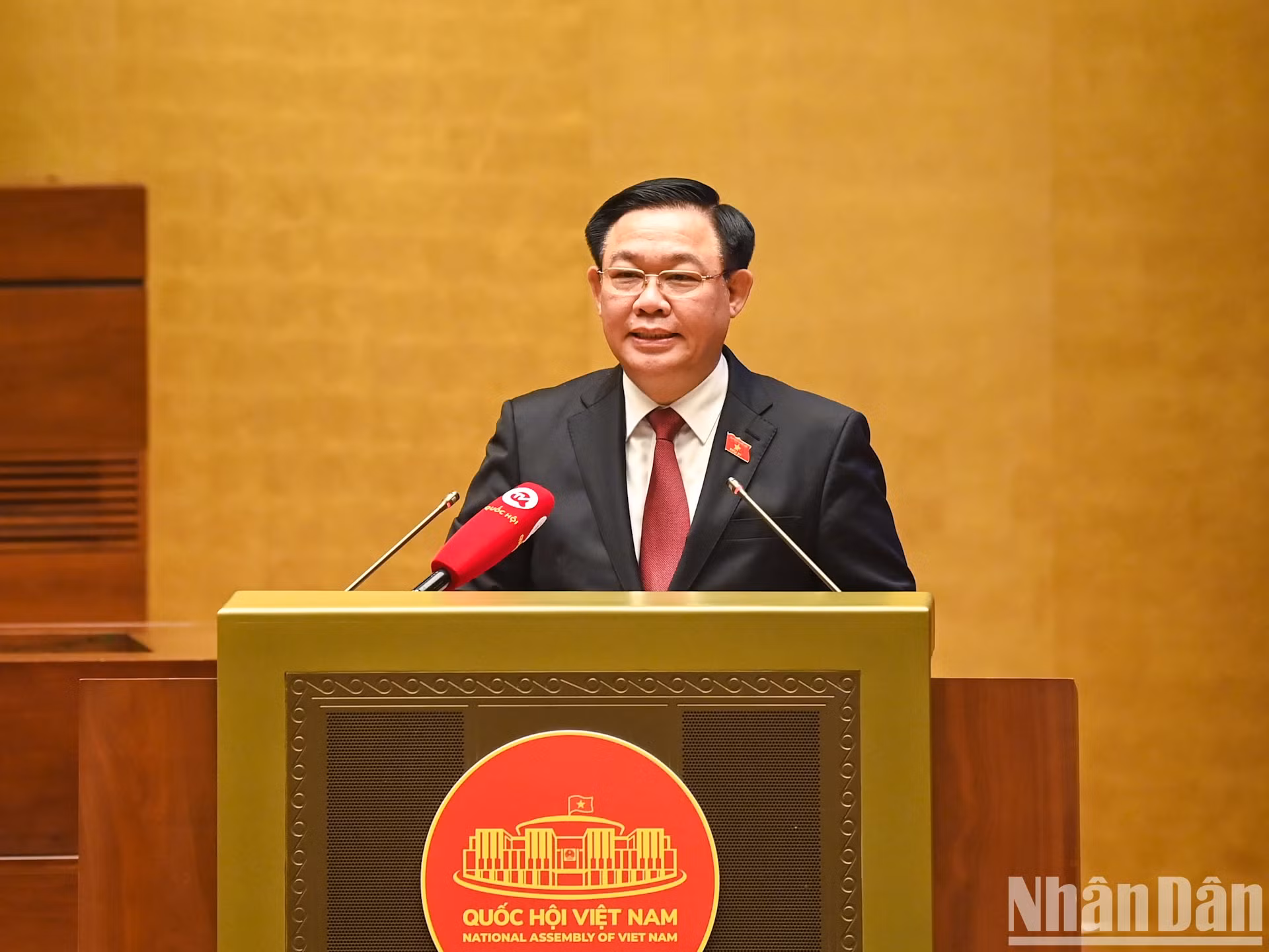 越南国会主席王廷惠在会议上发表讲话。