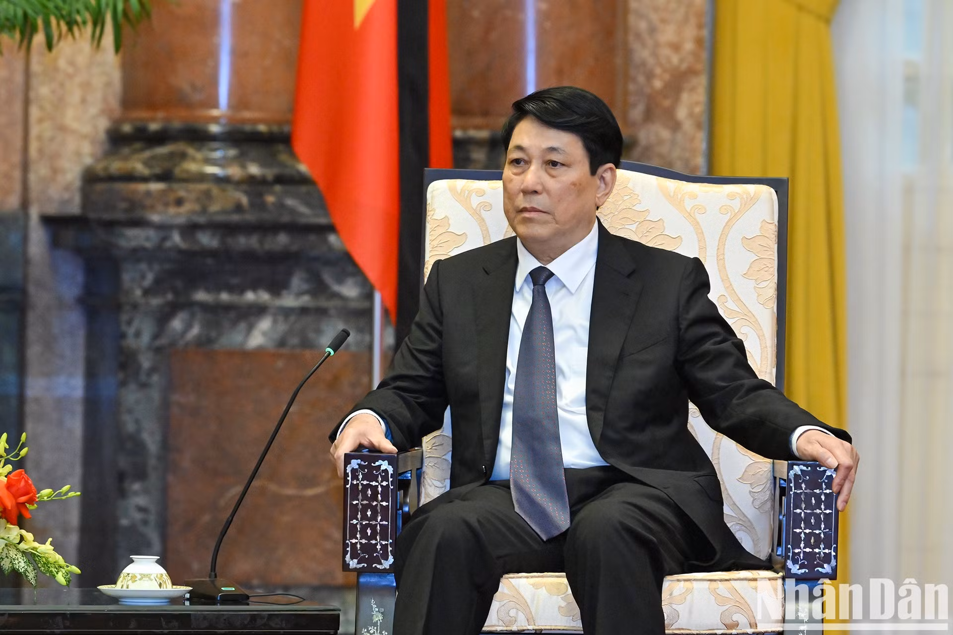 越南国家主席梁强发表讲话。