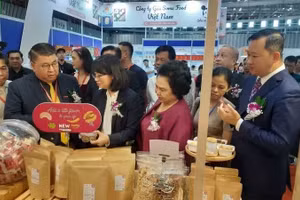 代表们参观在胡志明市举行的食品周。