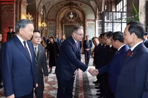 越共中央总书记、国家主席苏林向比利时首相巴特·德·韦弗介绍越南高级代表团成员。（图片来源：越通社）