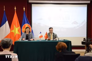 越南驻法国大使郑德海在新闻发布会上介绍越南舞台艺术周活动相关信息。（图片来源：越通社）