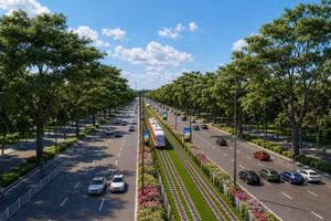 轻轨线路沿ĐT.975省道运行，是富国岛正在同步推进的基础设施建设中的重要一环。（效果图：太阳集团供图）