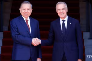 越共中央总书记、国家主席苏林与加拿大总理马克·卡尼握手合影。（图片来源：越通社）