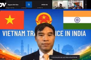 越南驻印度商务参赞裴忠尚主持线上研讨会。（图片来源：vov.vn)