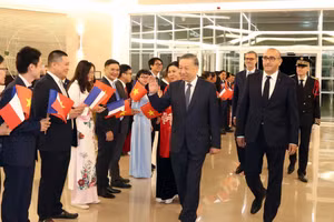 越南驻法国大使馆干部和工作人员以及旅法越南人社群代表迎接越共中央总书记、国家主席苏林一行。（图片来源：越通社）