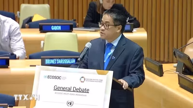 越南常驻联合国代表团副团长阮海刘公使在会上发表讲话。（图片来源：越通社）