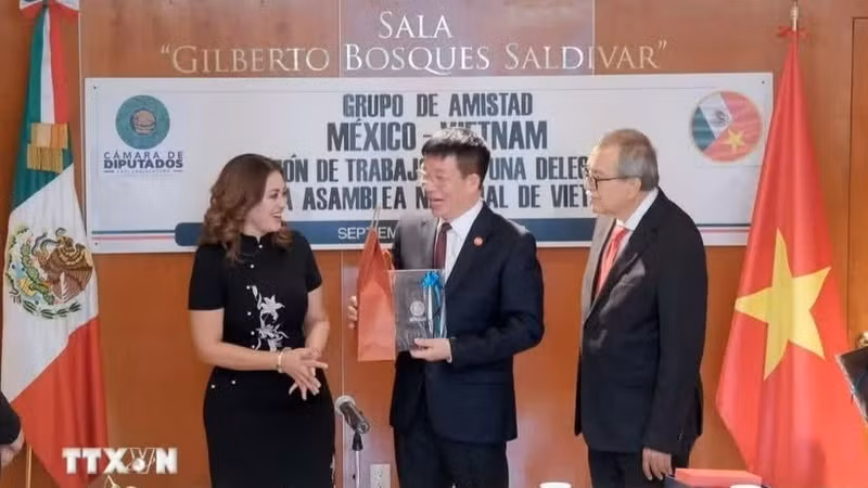 国会办公厅副主任范廷瓒向墨越议员友好小组主席、众议院福利委员会主席安娜·卡里娜·罗霍·皮门特尔赠送纪念品。（图片来源：越通社）