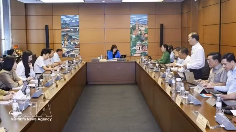 老街省和永隆省代表在分组讨论环节中。（图片来源：越通社）
