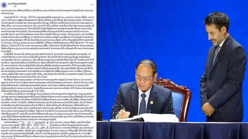 老挝国家广播电台报道老挝承诺与国际社会携手打击网络犯罪的文章。（图片来源：越通社）