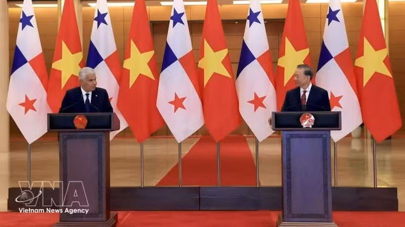 越共中央总书记、国家主席苏林与巴拿马总统穆利诺共同会见记者。（图片来源：越通社）