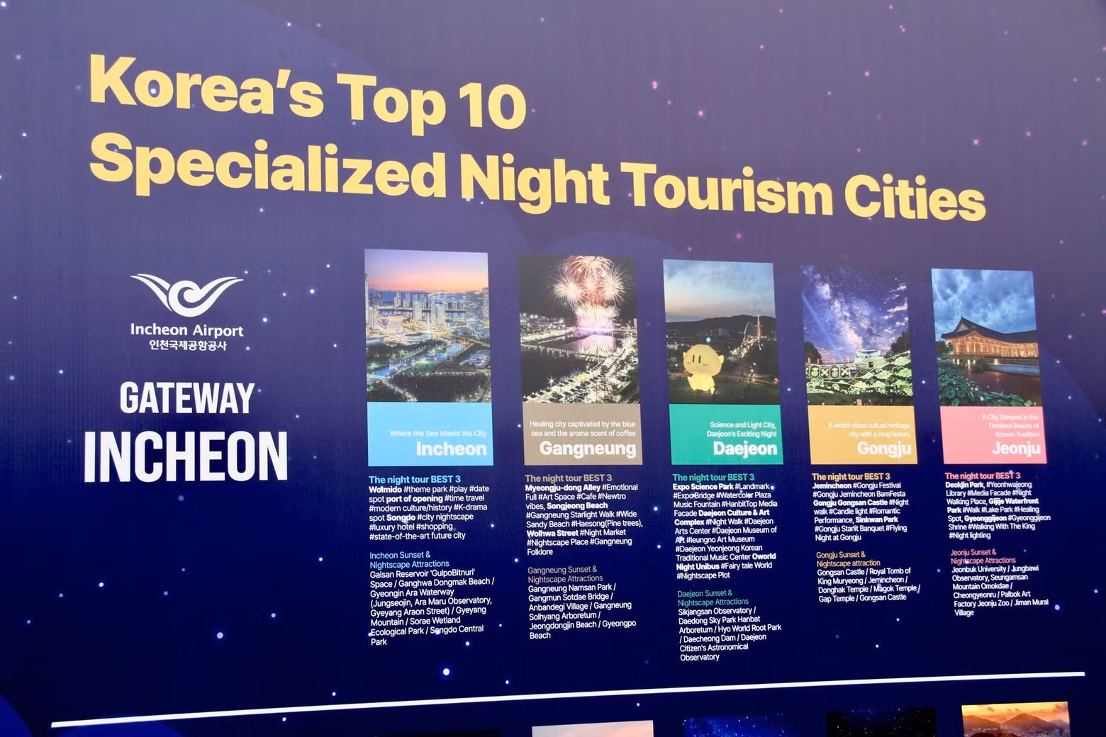 旅游推广站介绍韩国各地夜间旅游特色城市。