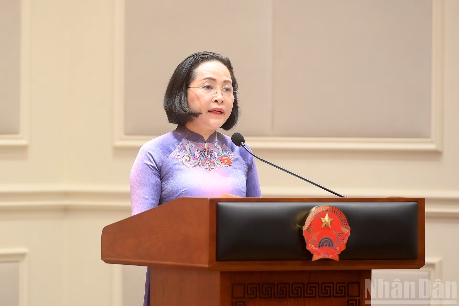 越共中央委员、国会副主席、第十六届国会女代表小组组长阮氏清发表讲话。