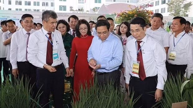 范明正总理参观展位。（图片来源：越通社）
