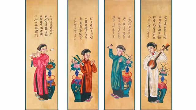 收藏的四条屏民间画。