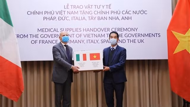 越南外交部副部长苏英勇向意大利亚驻越南大使交付防疫物资。（图片来源：越通社）