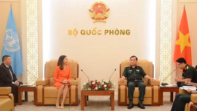 越南国防部副部长黄春战会见联合国驻越南协调员宝琳·塔梅西斯。