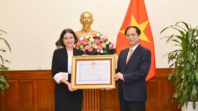  越南外交部长裴青山向澳大利亚驻越南大使罗宾•穆迪授予友谊勋章。