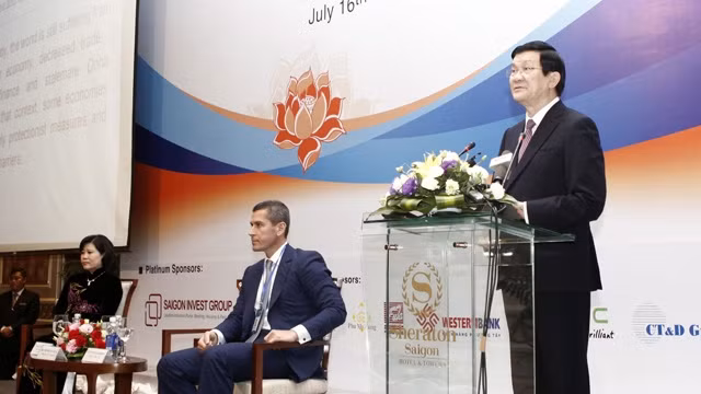 越南国家主席张晋创在会上致辞。 (Photo: 图：越通社)