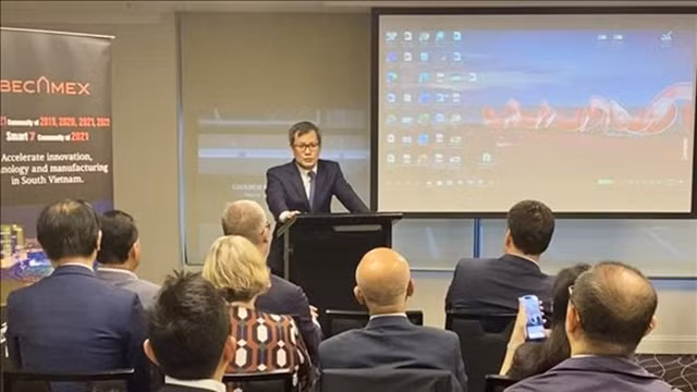 阮登胜总领事在研讨会上发言。