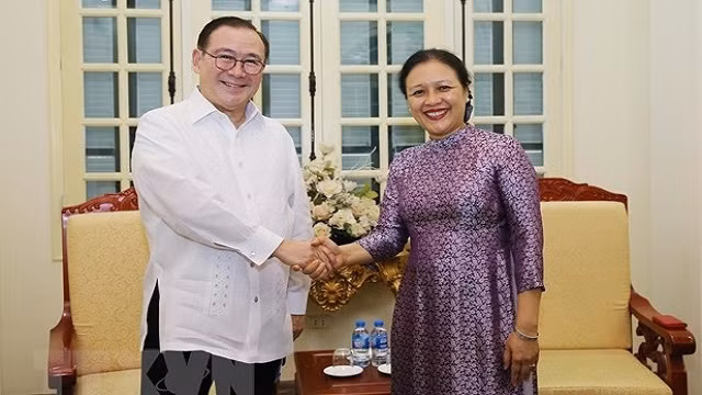 越南友好组织联合会主席阮芳俄会见菲律宾外长特奥多罗•洛钦。
