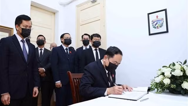 越南国会常务副主席陈青敏在吊唁簿上留言。