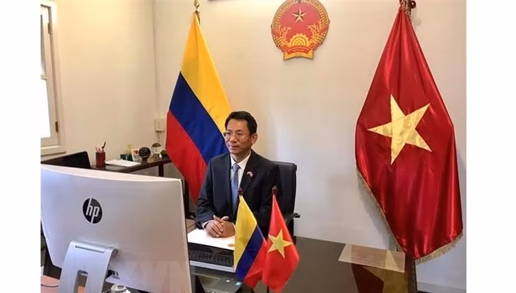 越南大使以视频方式向哥伦比亚总统递交国书。（图片来源：越通社）